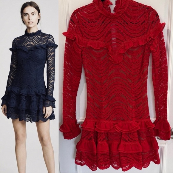 Jonathan Simkhai Dresses & Skirts - Jonathan Simkhai Red Lace Ruffle Mini Dress Long Sleeve Scallop Cocktail XS sz2